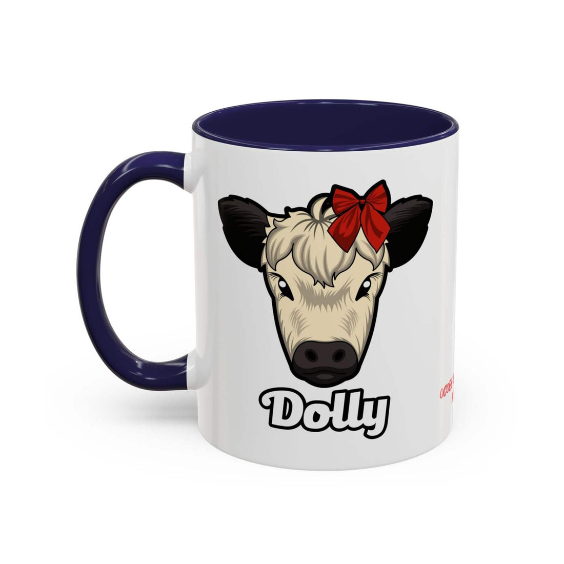 Farm Animal Coffee Mug featuring Dolly the Cute Cow with a Red Bow, white ceramic with navy blue handle and interior