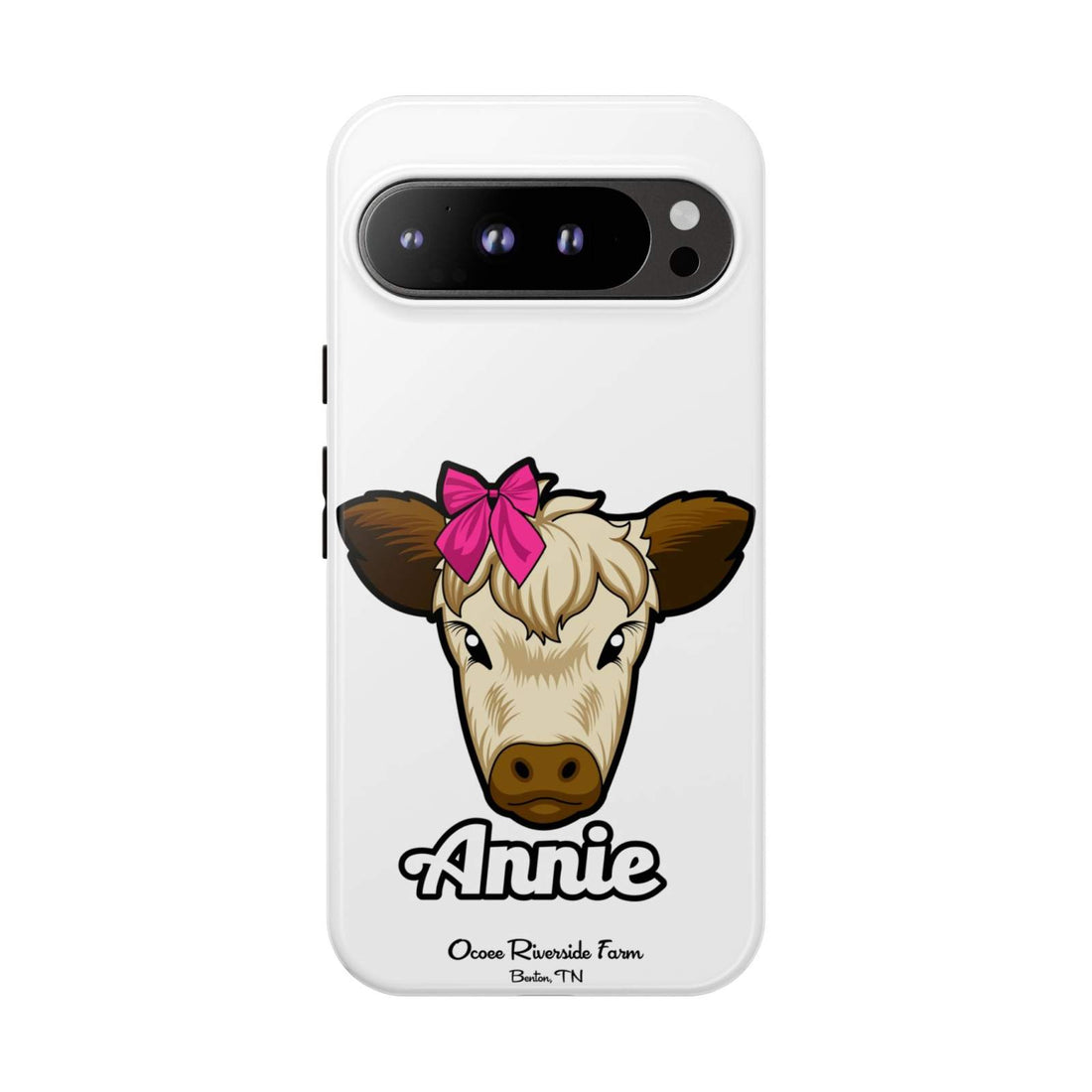 Cute cow phone case with red bow, ideal farm animal lover gift, Ocoee Riverside.