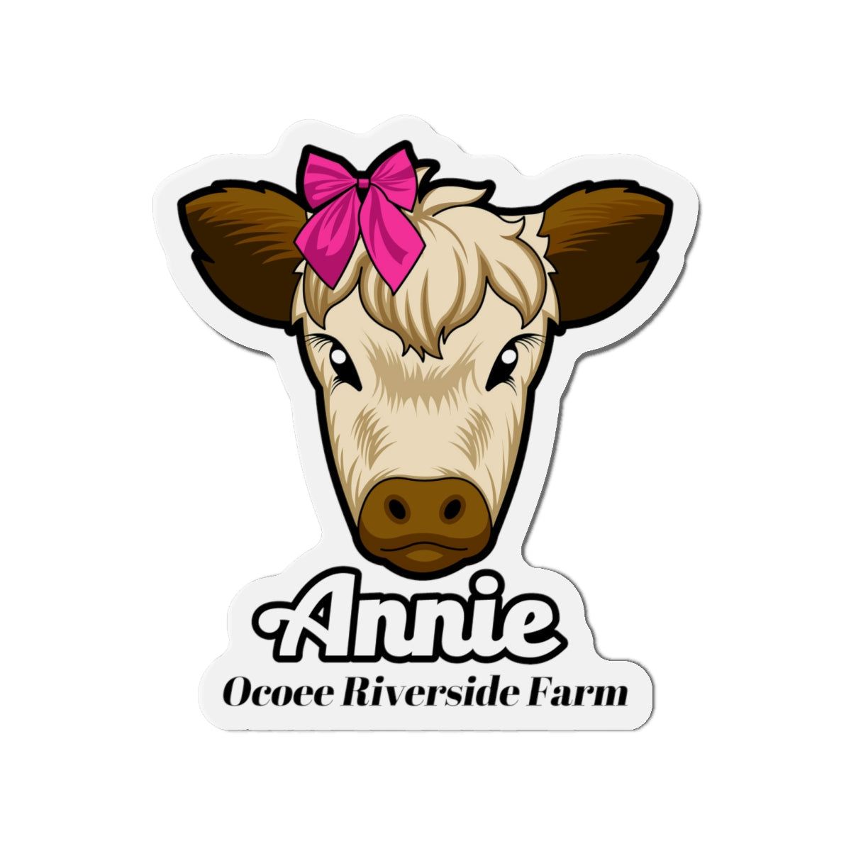 Cow die-cut magnet featuring a cute cow with a pink bow and personalized farm name, ideal for fridge or office decor.