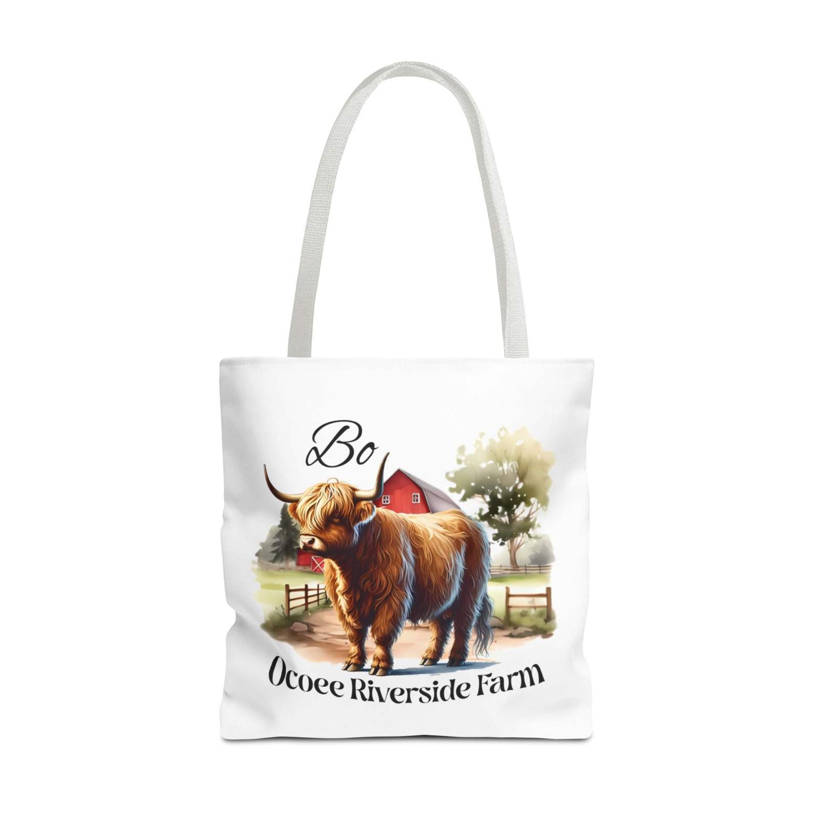 Bo Scottish Highland Tote Bag with illustrated highland cow and Ocoee Riverside Farm text, eco-friendly shopping bag design.