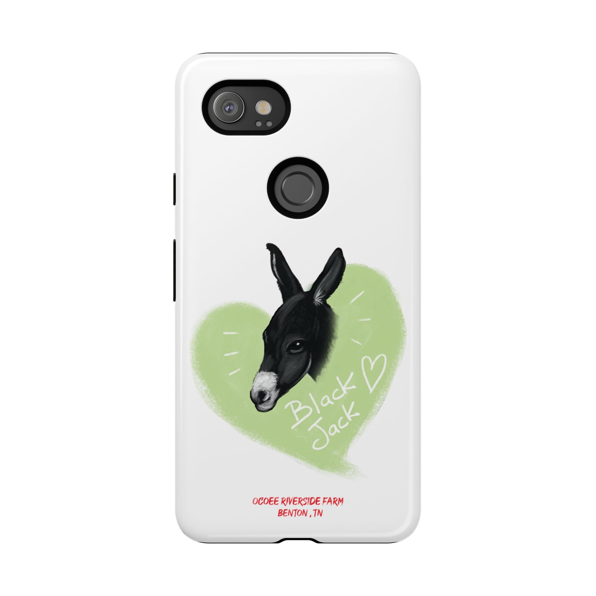 A donkey featuring the words "Black Jack" prominently displayed on its side at Ocoee Riverside Farm Phone Case
