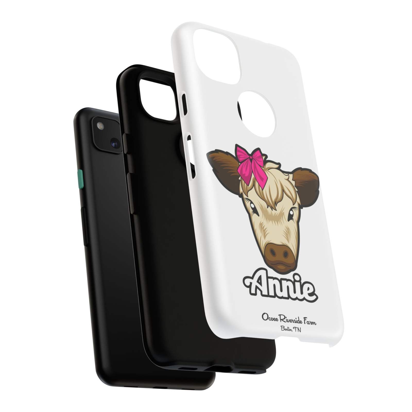 Cute cow phone case with red bow, farmhouse design, perfect farm animal gift.