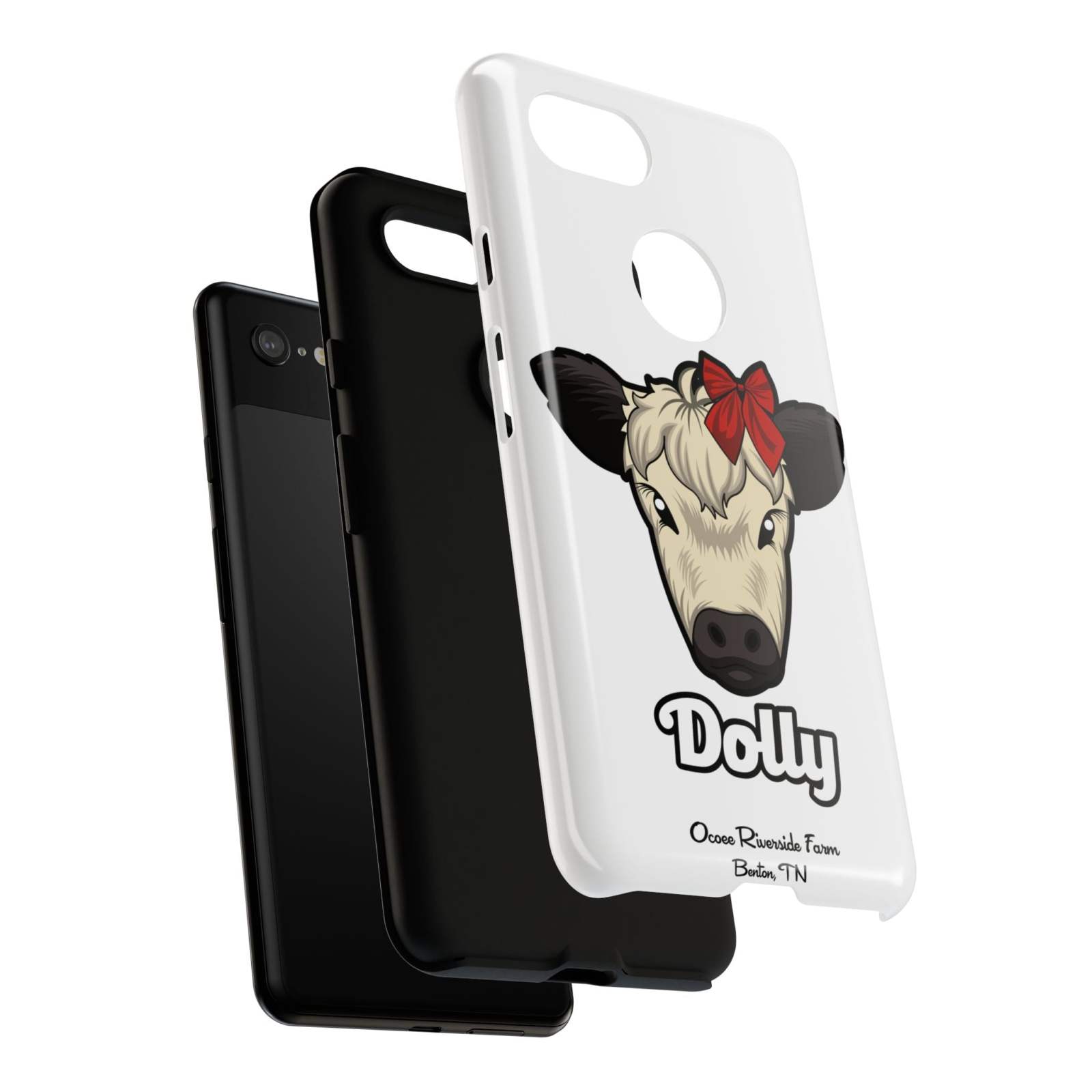 Farmhouse Chic Phone Case featuring cow with red bow, offers rustic charm and modern protection.
