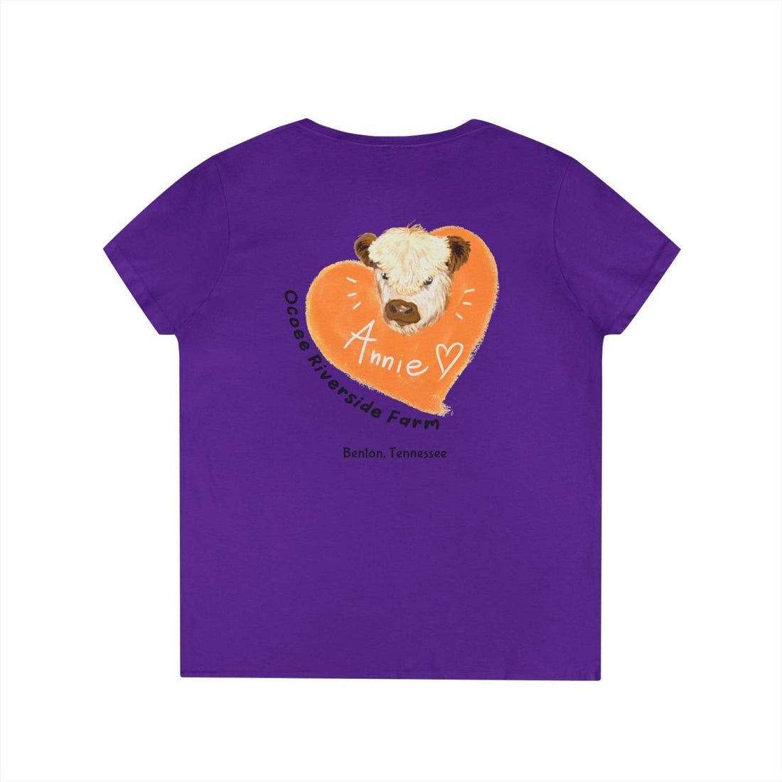 Purple Tennessee Farm Life V-Neck with cow and heart graphic design for women