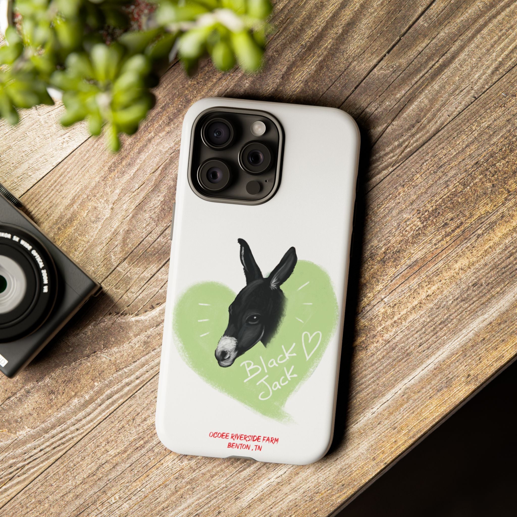 A donkey featuring the words "Black Jack" prominently displayed on its side at Ocoee Riverside Farm Phone Case
