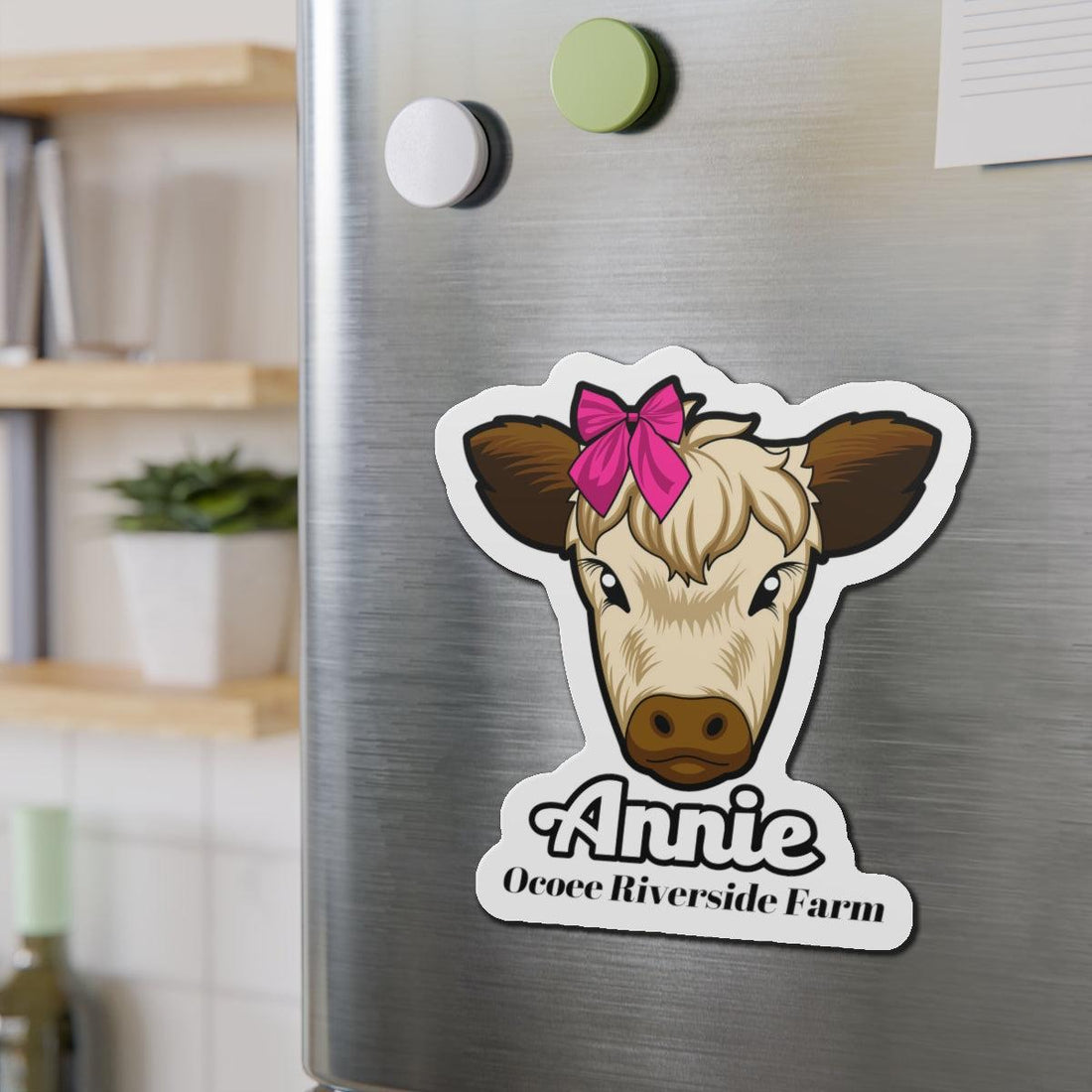 Cute cow die-cut magnet with pink bow on fridge, farmhouse decor accessory