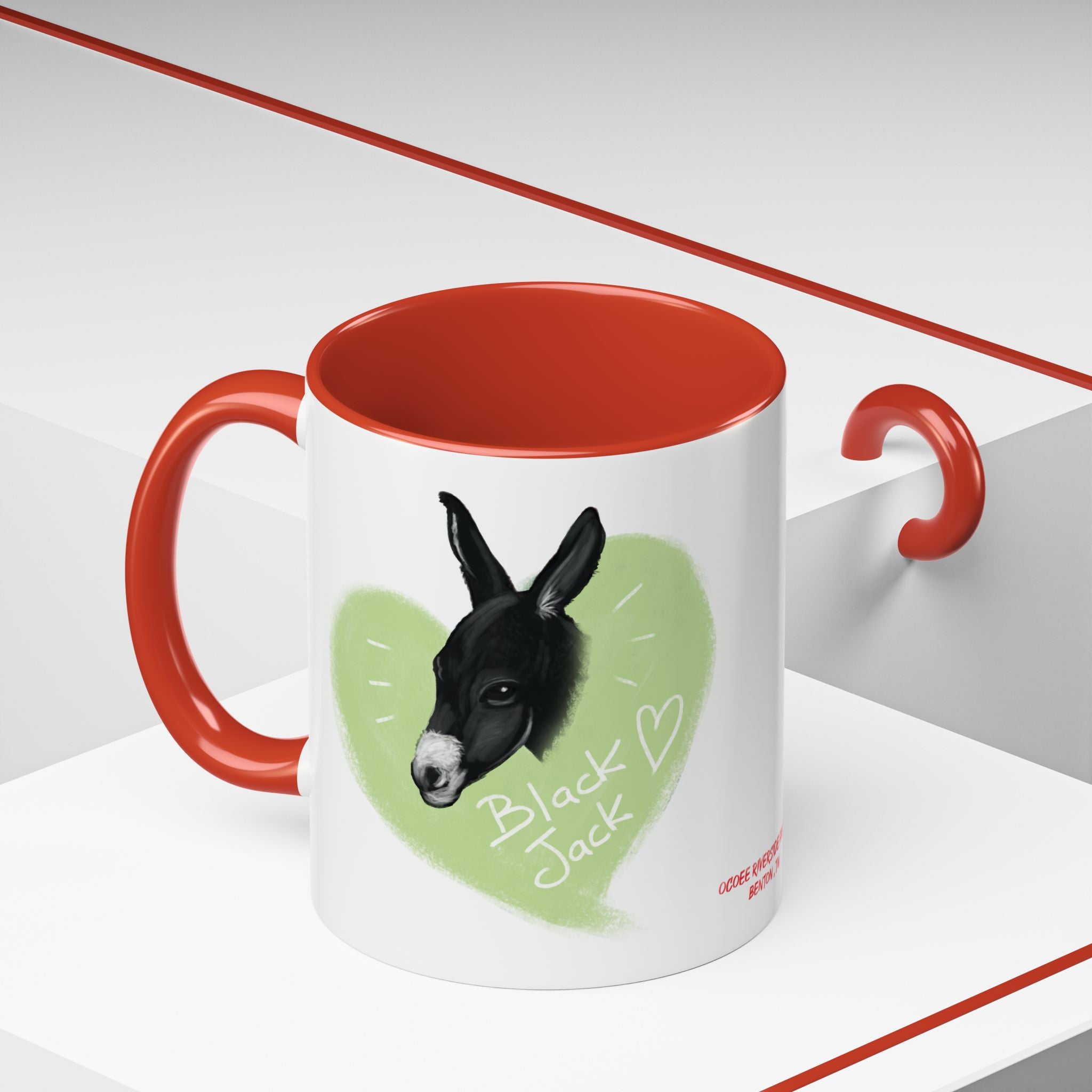 A donkey featuring the words "Black Jack" prominently displayed on its side at Ocoee Riverside Farm Coffee Mug