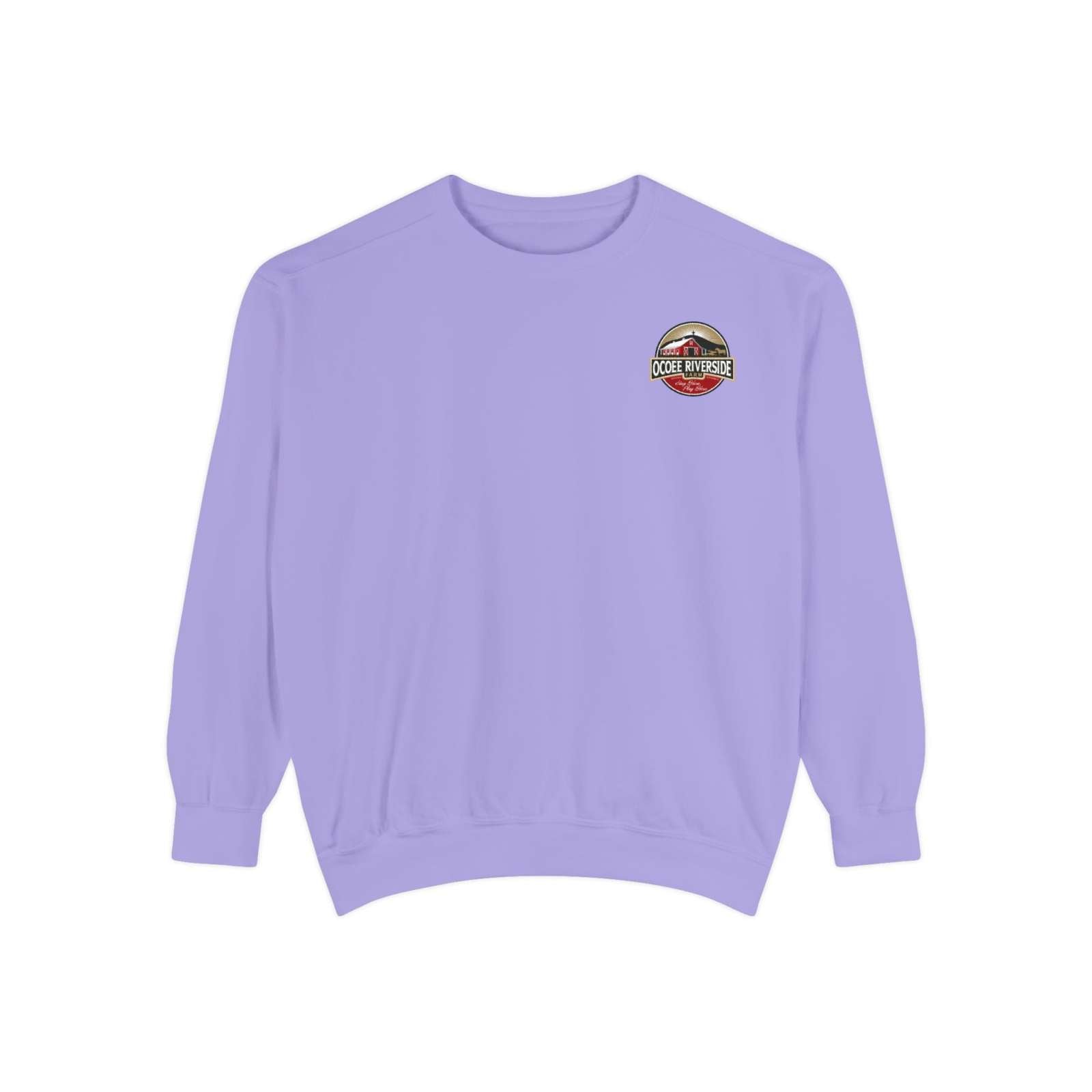 Farm animal sweatshirt with embroidered design on left chest, soft purple color.