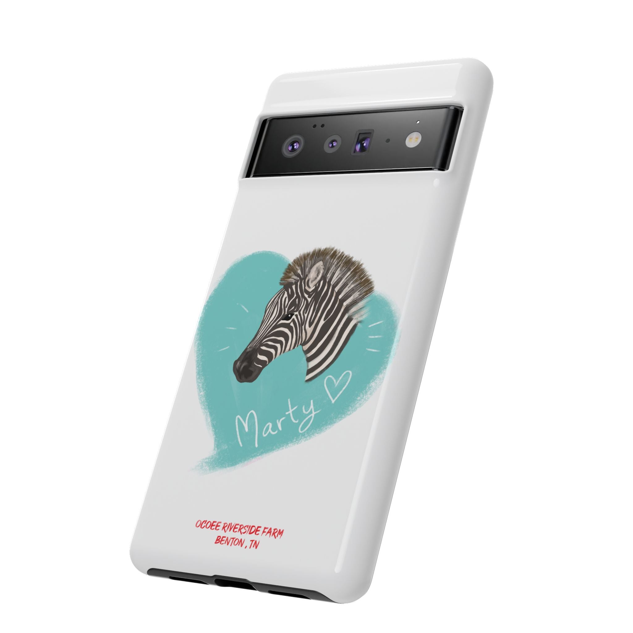 A zebra adorned with the word "Marty" creatively integrated into its stripes at Ocoee Riverside Farm Phone Case