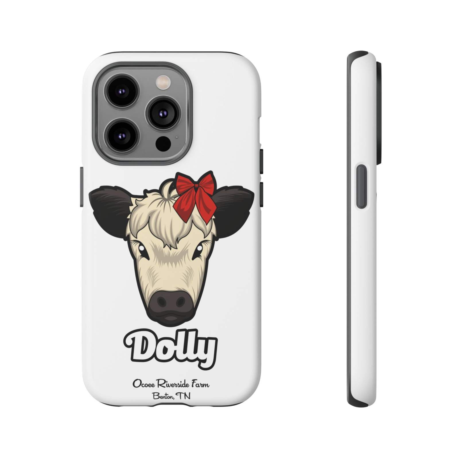 Farmhouse Chic Phone Case featuring Dolly the cow with a red bow, durable protective design, and country-inspired style.