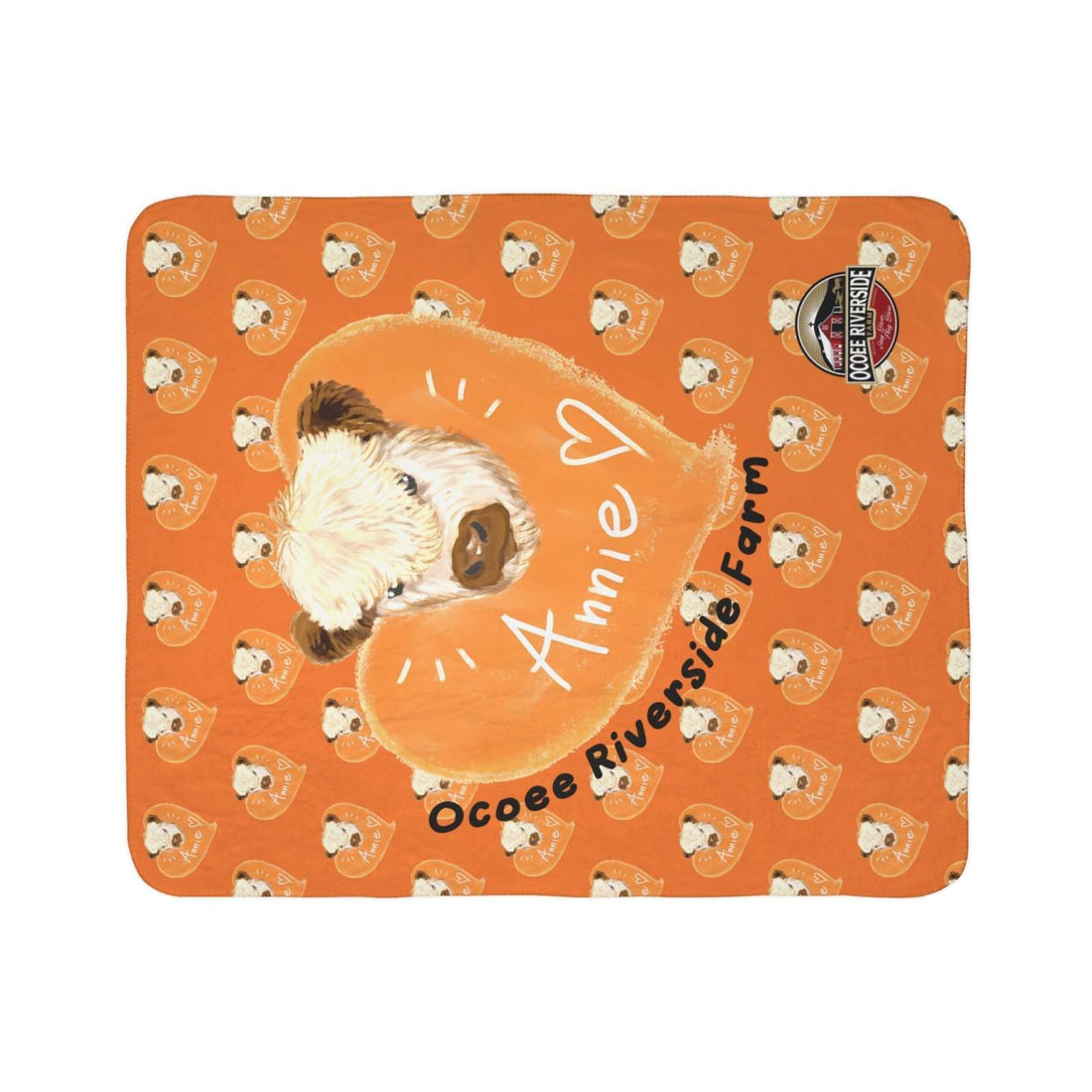 Orange cow-themed Sherpa blanket with a cow face inside a heart and "Ocoee Riverside Farm" text, cozy rustic farmhouse style.