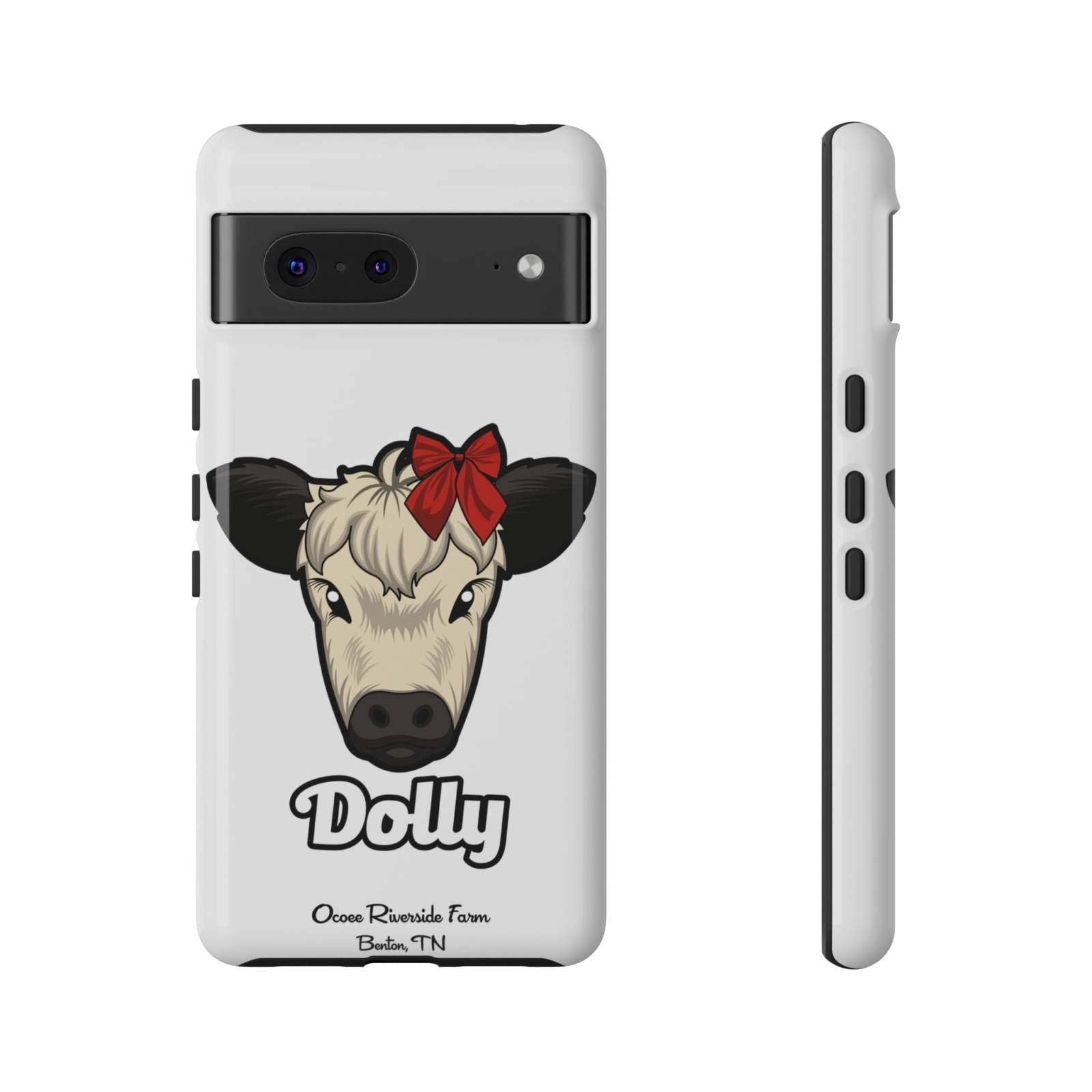 Farmhouse Chic Phone Case featuring Dolly the cow with a red bow, durable and stylish protective phone cover