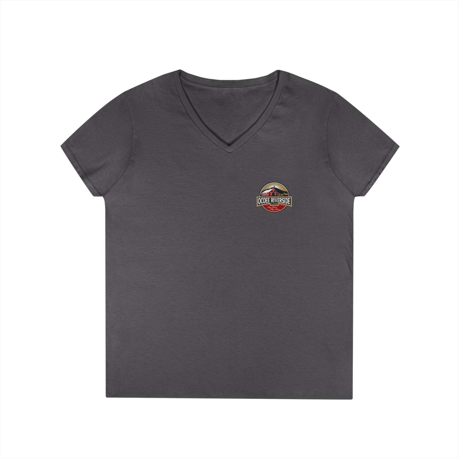 Spud Heart Women’s V-Neck Tee in charcoal gray with ribbed collar and farm-themed logo on chest, made from soft 100% cotton.