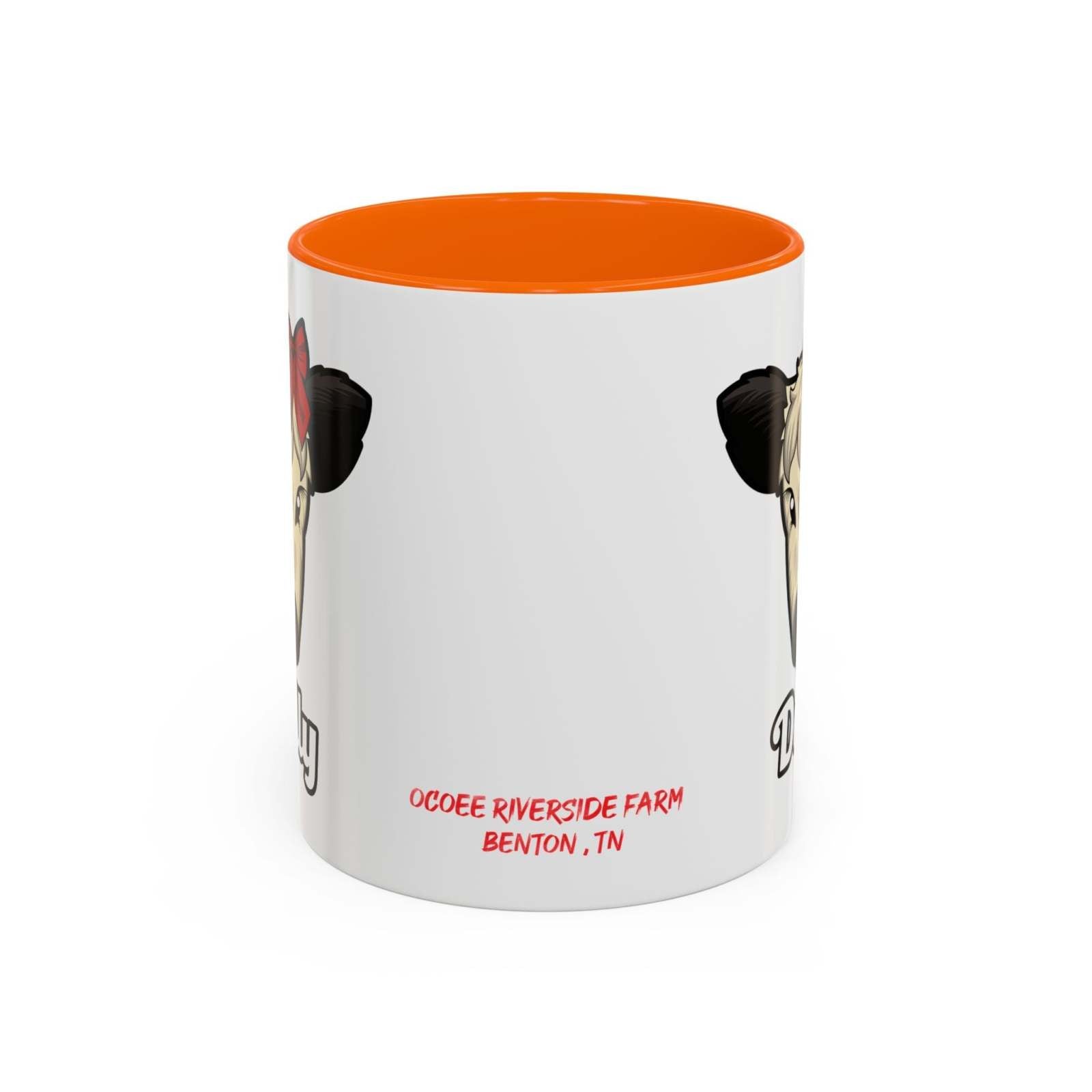 Farm Animal Coffee Mug featuring Dolly the Cute Cow with a Red Bow, white ceramic with orange interior, microwave and dishwasher safe, farmhouse decor style