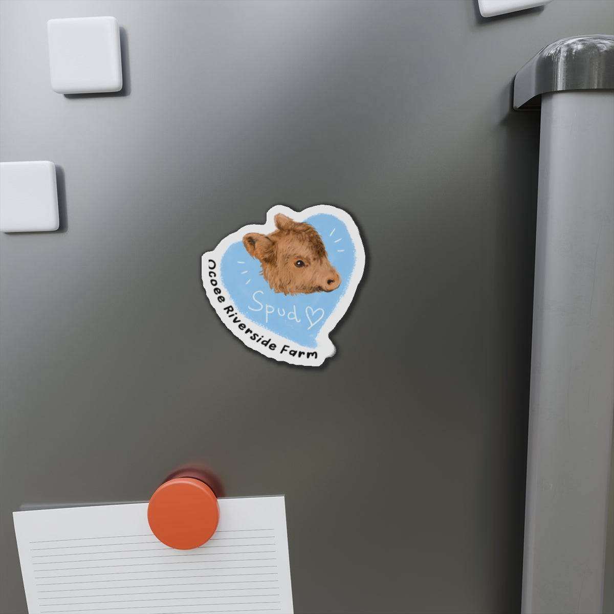 Farm Animal Decor Magnet featuring a charming cow head illustration on a blue background, attached to a gray metal surface.