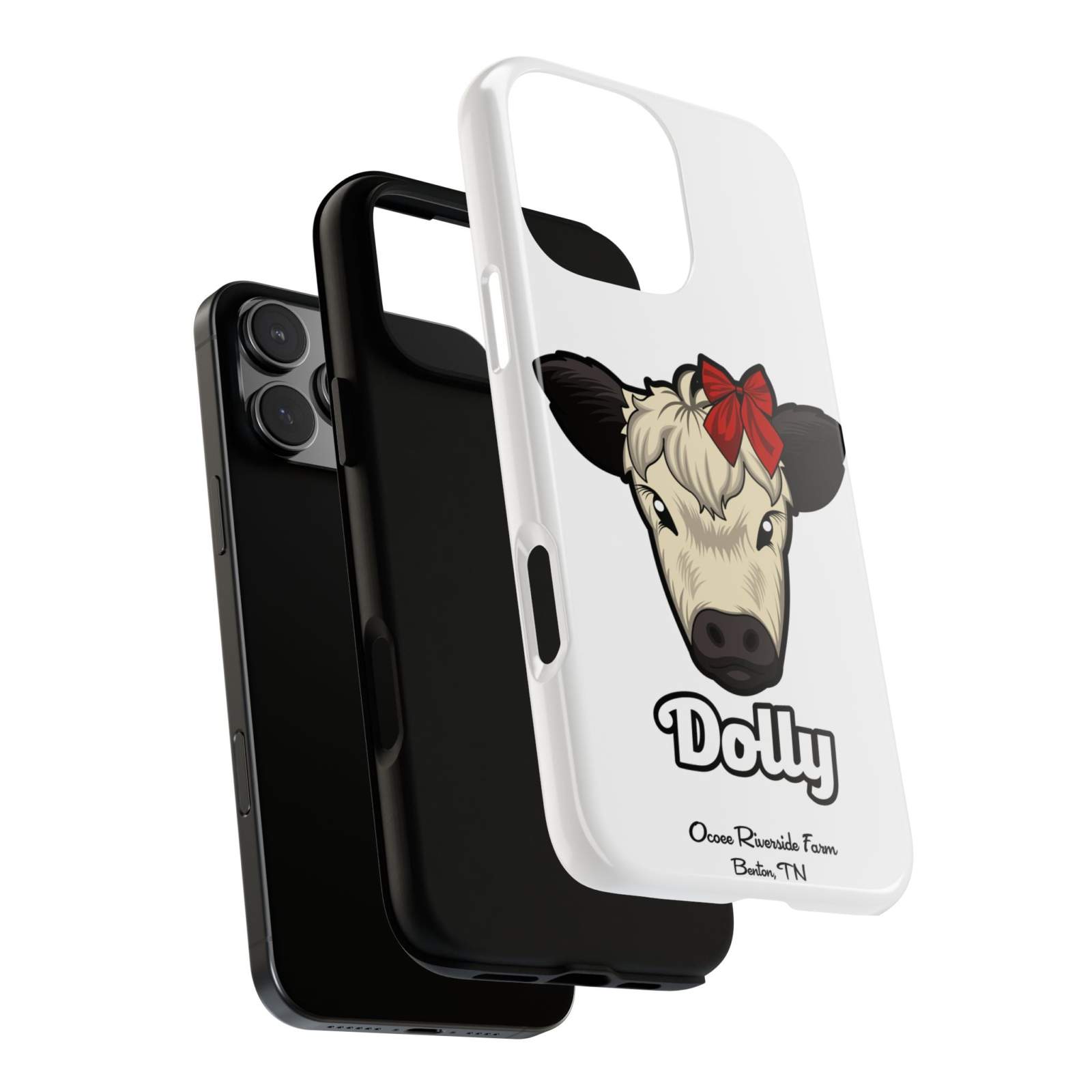 Farmhouse Chic Phone Case with Dolly the Cow design and red bow, showcasing rustic style and durable protection.