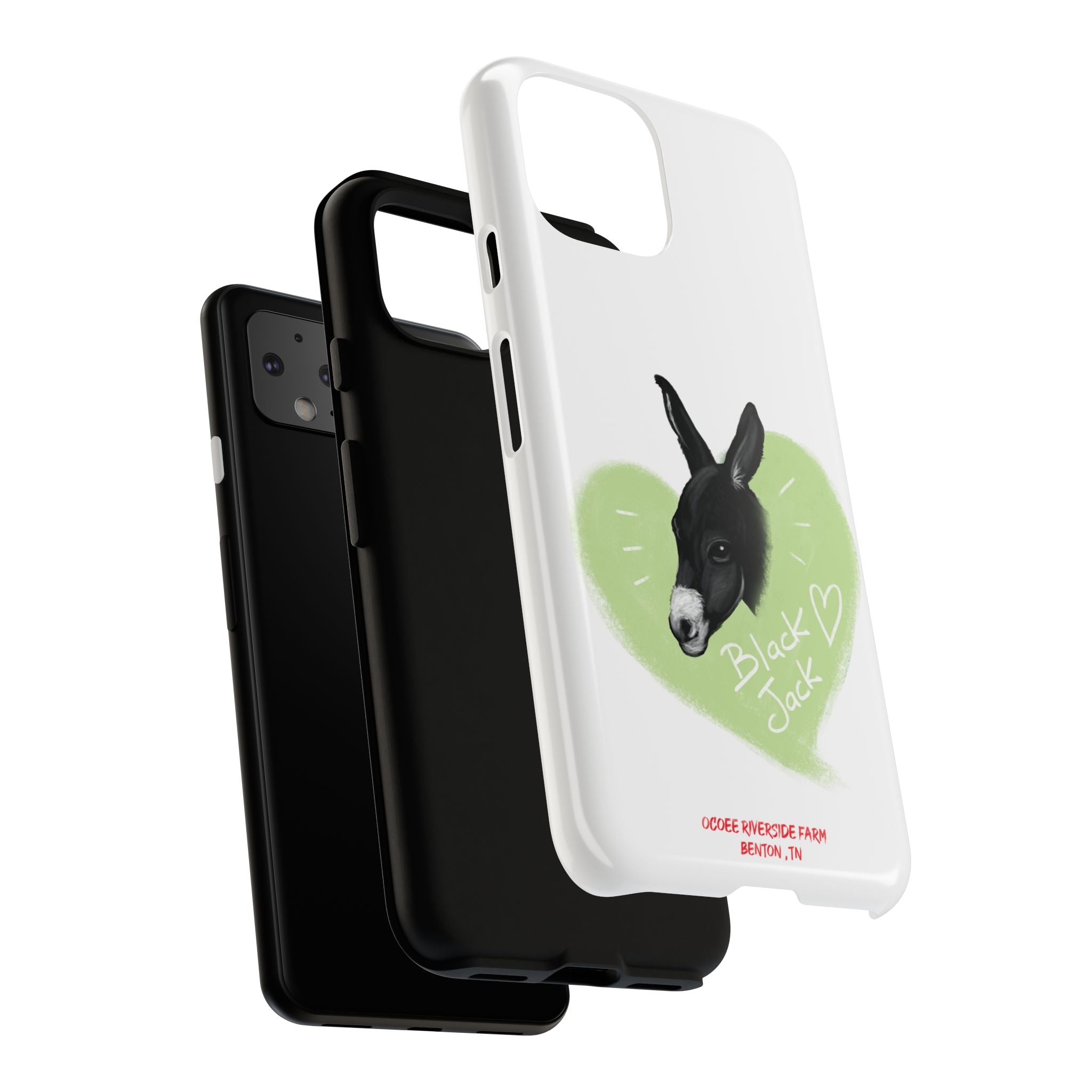A donkey featuring the words "Black Jack" prominently displayed on its side at Ocoee Riverside Farm Phone Case