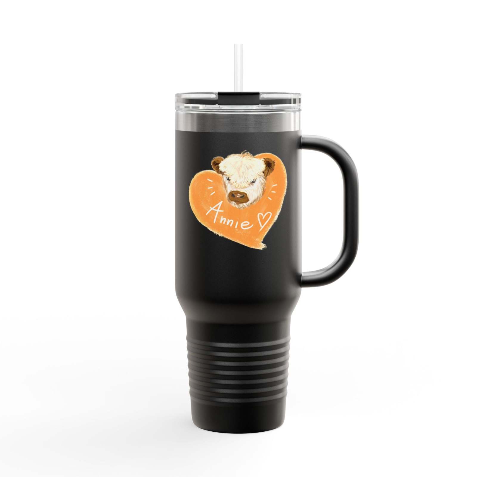 Black 40oz personalized insulated travel mug with handle, featuring a custom name "Annie" and heart design with a bear illustration, spill-resistant lid, and stainless steel finish.