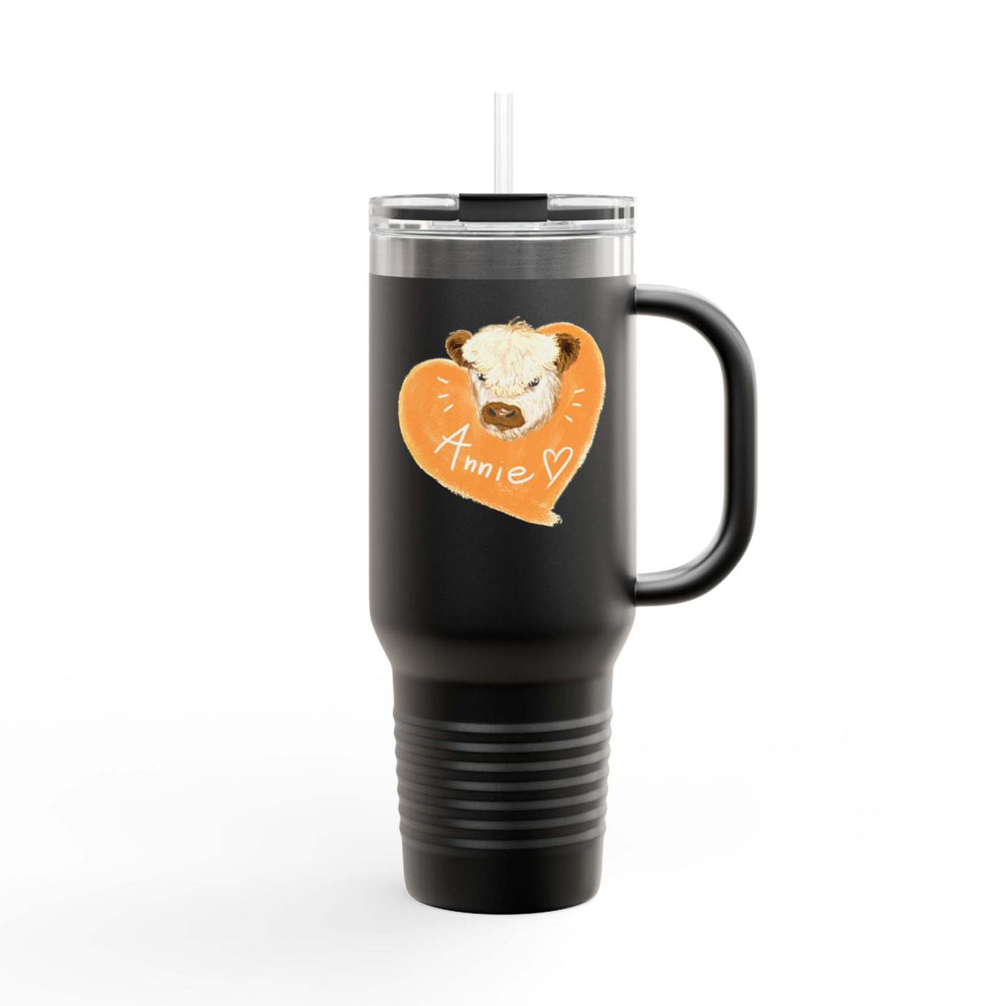 Black 40oz personalized insulated travel mug with handle, featuring a custom name "Annie" and heart design with a bear illustration, spill-resistant lid, and stainless steel finish.