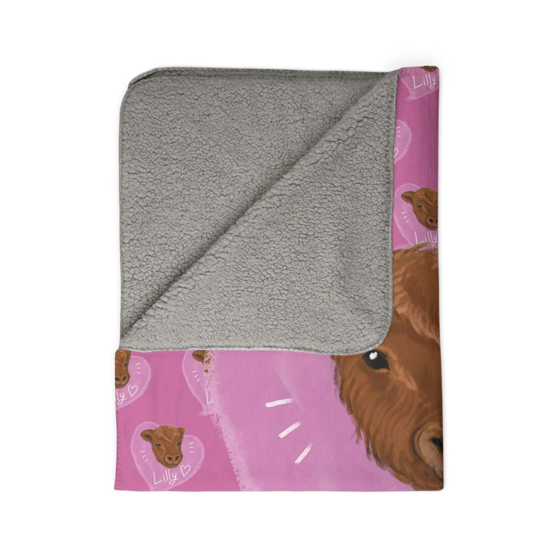 Farm Animal Sherpa Blanket with plush cow design and soft gray sherpa fleece lining