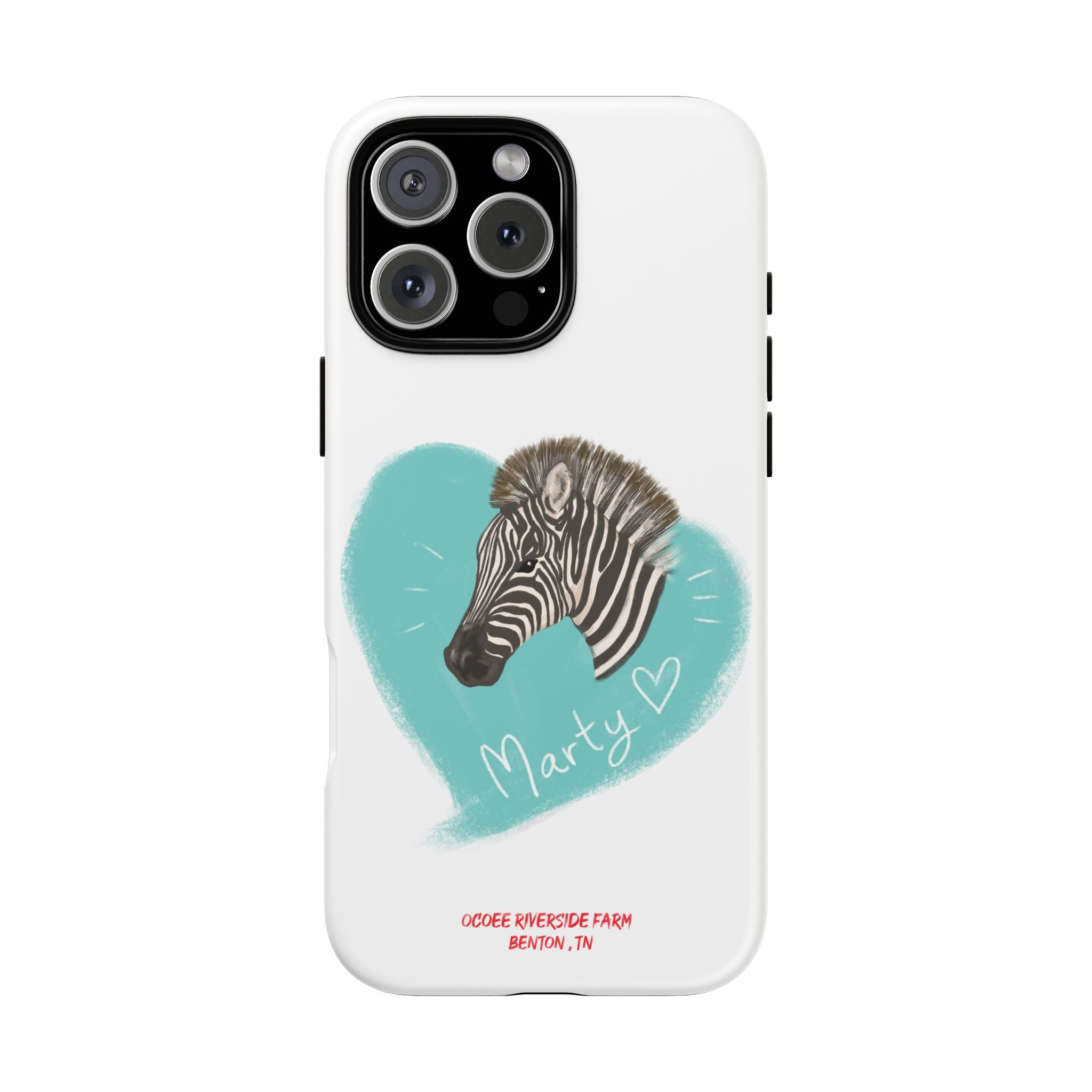 A zebra adorned with the word "Marty" creatively integrated into its stripes at Ocoee Riverside Farm Phone Case