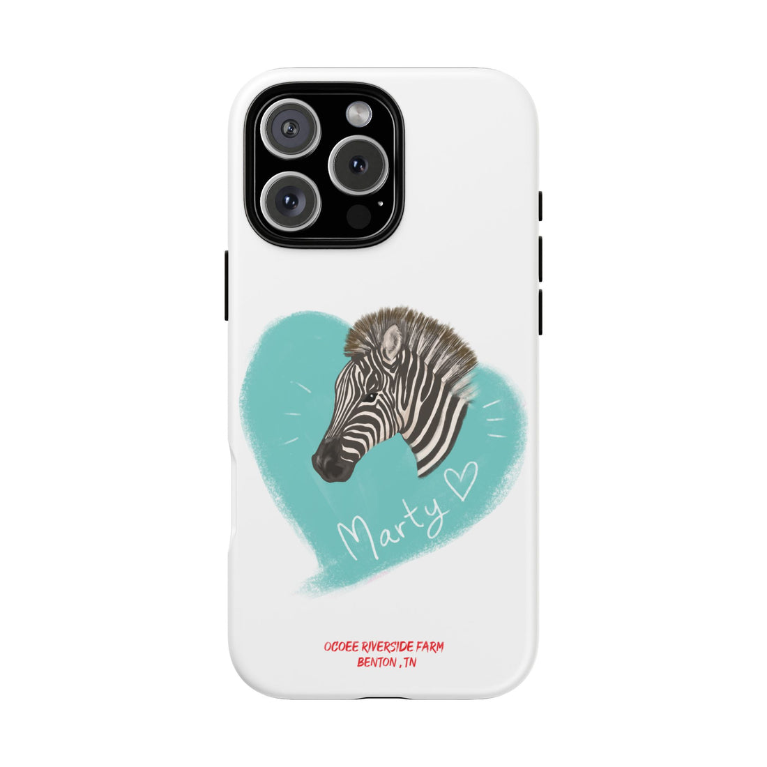 A zebra adorned with the word "Marty" creatively integrated into its stripes at Ocoee Riverside Farm Phone Case