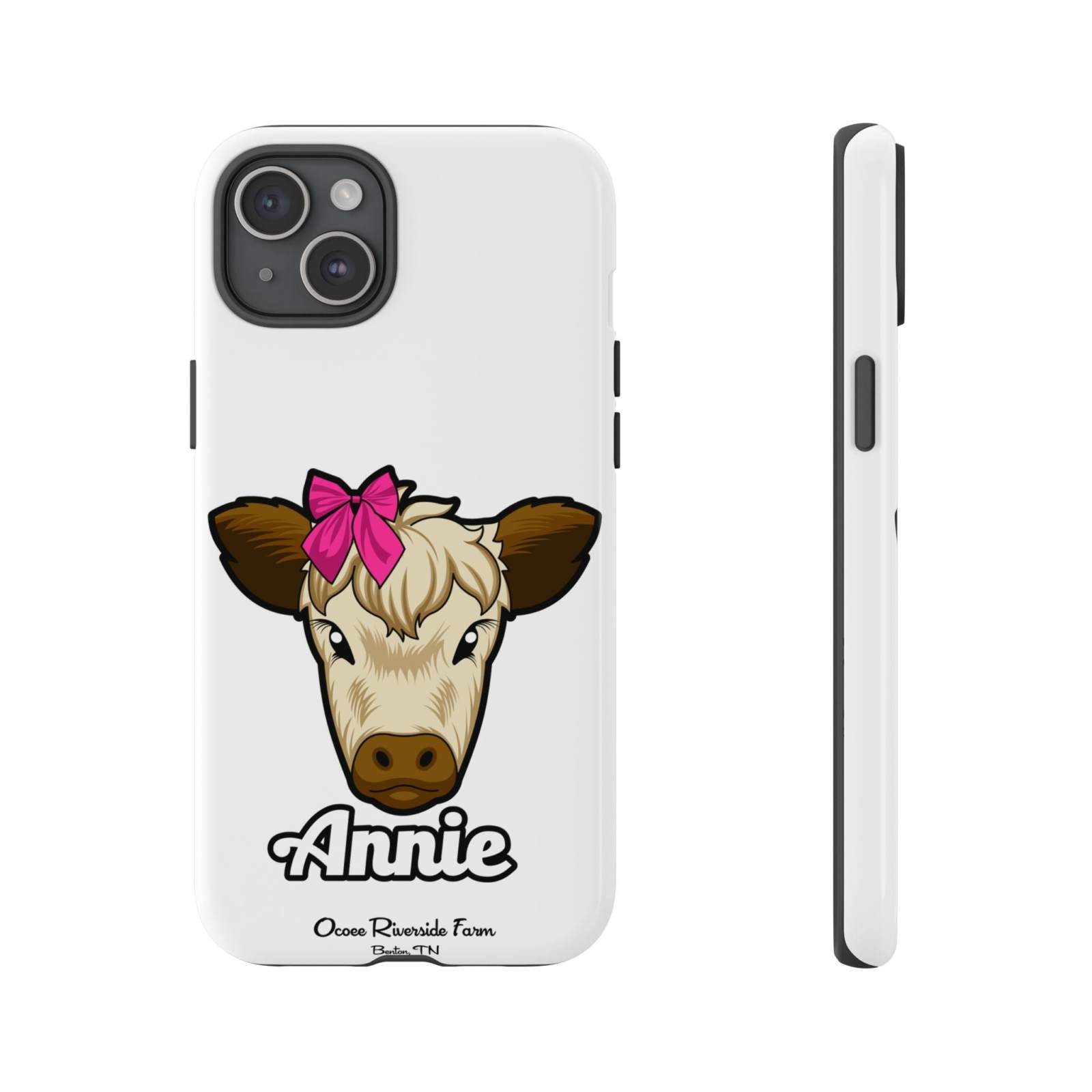 Cute cow phone case with red bow, perfect farm animal lover gift, durable and stylish with wireless charging support.