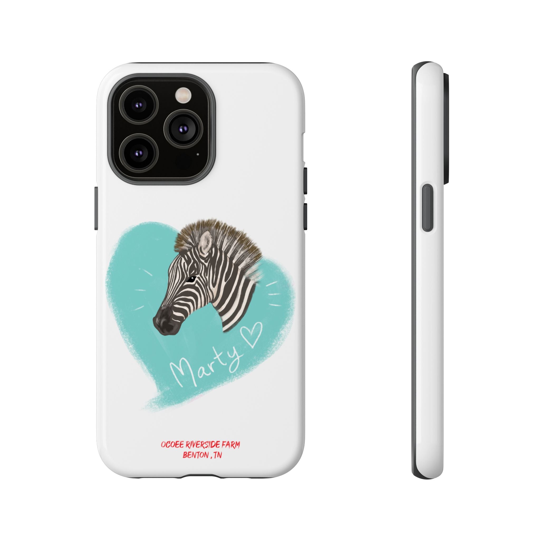 A zebra adorned with the word "Marty" creatively integrated into its stripes at Ocoee Riverside Farm Phone Case