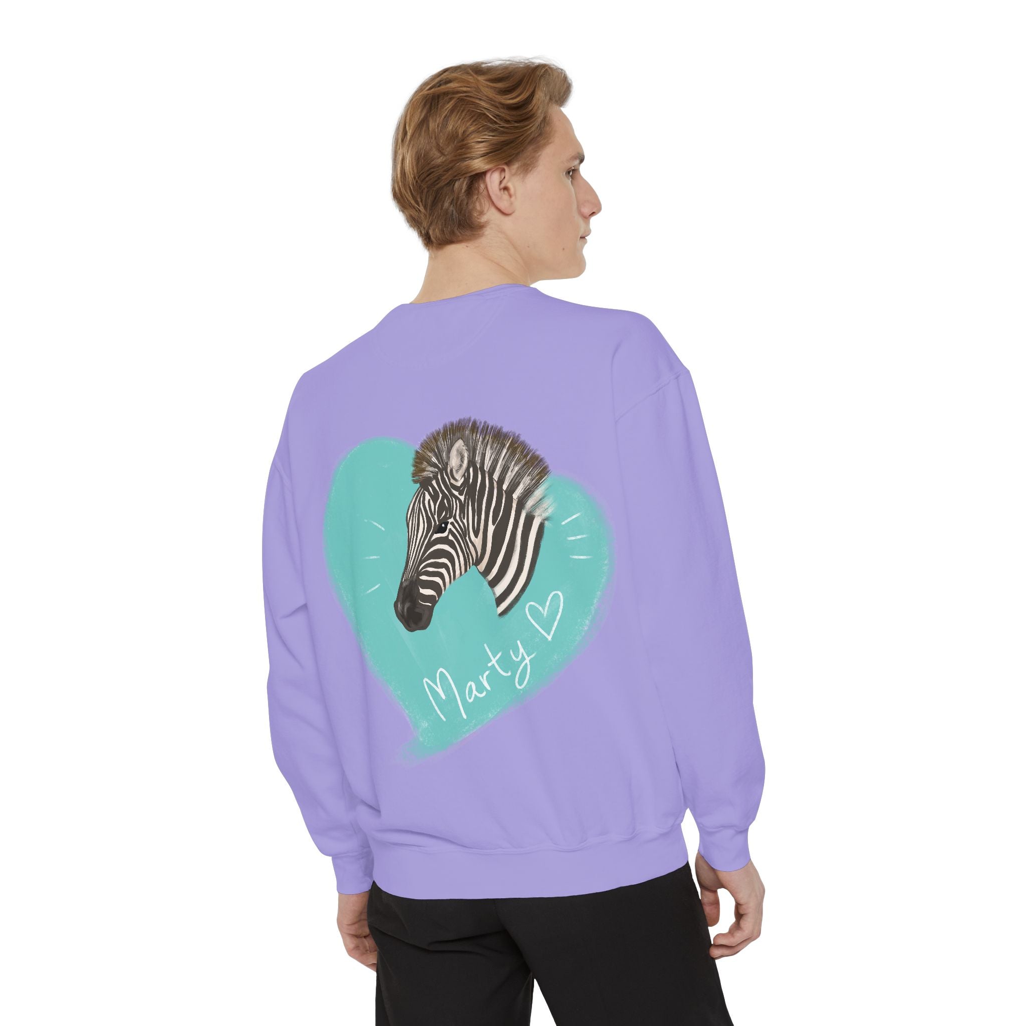 A zebra adorned with the word "Marty" creatively integrated into its stripes at Ocoee Riverside Farm Sweatshirt