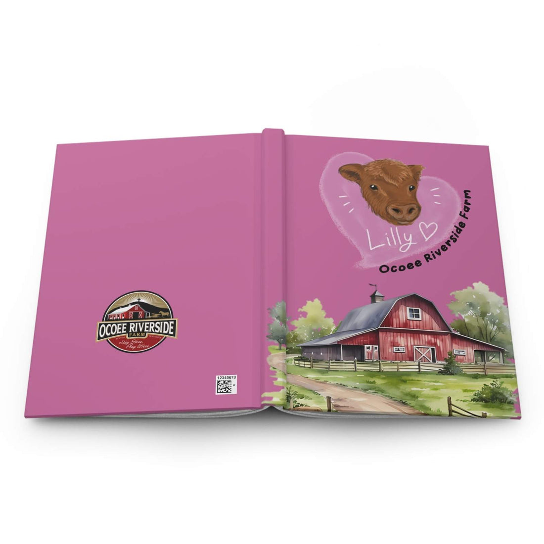 Adorable Cow Journal with pink cover featuring cow illustration, farmhouse design, and Ocoee Riverside Farm logo