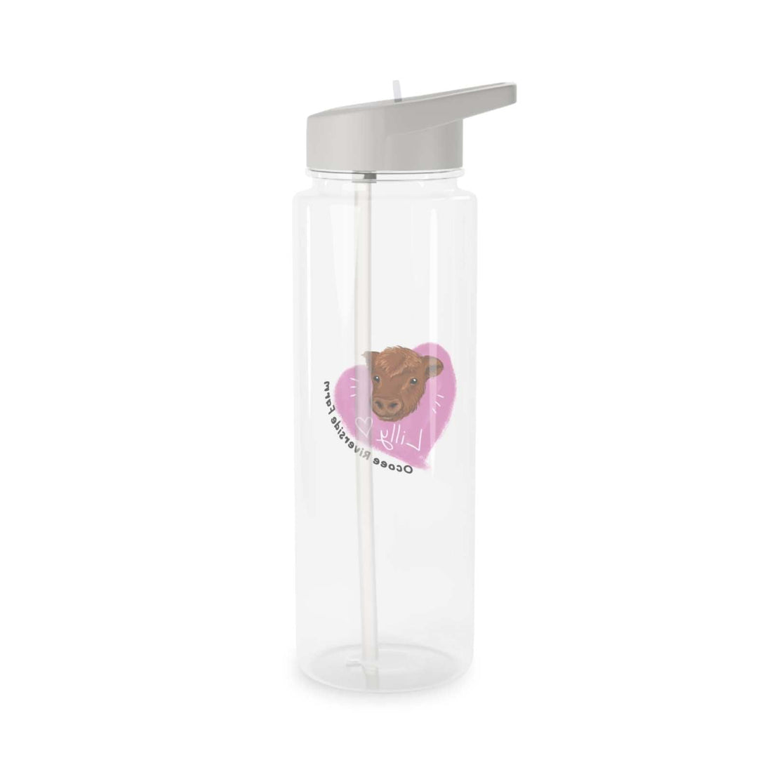 Clear Tritan water bottle with foldable straw and cute cow design, BPA-free and spill-resistant lid, ideal for cow lovers.