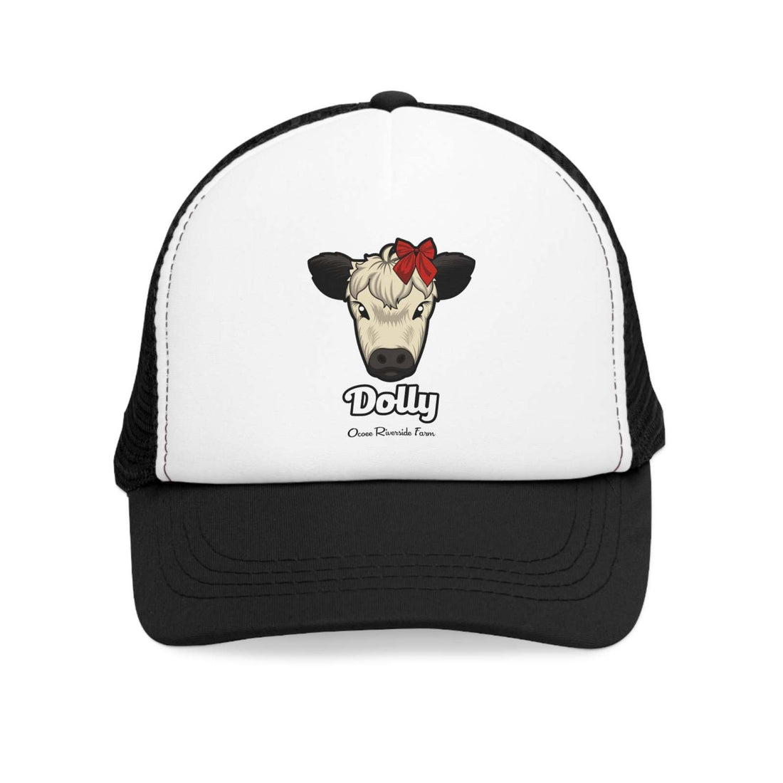 Rustic Farm Trucker Hat with Dolly cow design and red bow on black mesh back cap