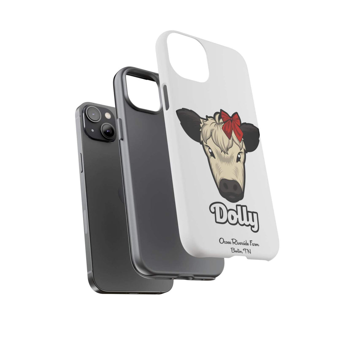 Farmhouse Chic Phone Case with Dolly the Cow design and red bow