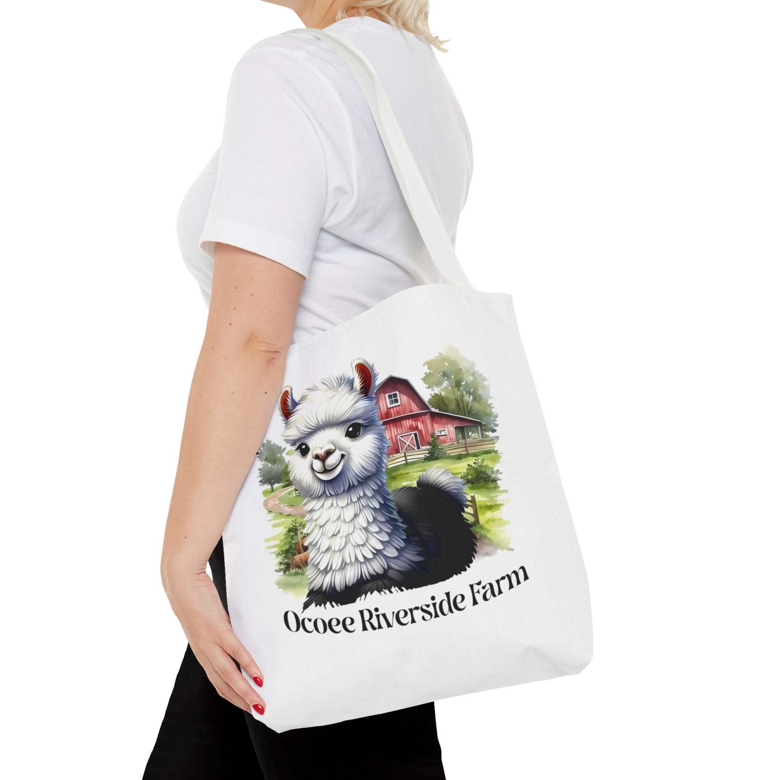 Alpaca Tote Bag with Ocoee Riverside Farm design, eco-friendly shopping bag with reinforced handles and durable polyester material.