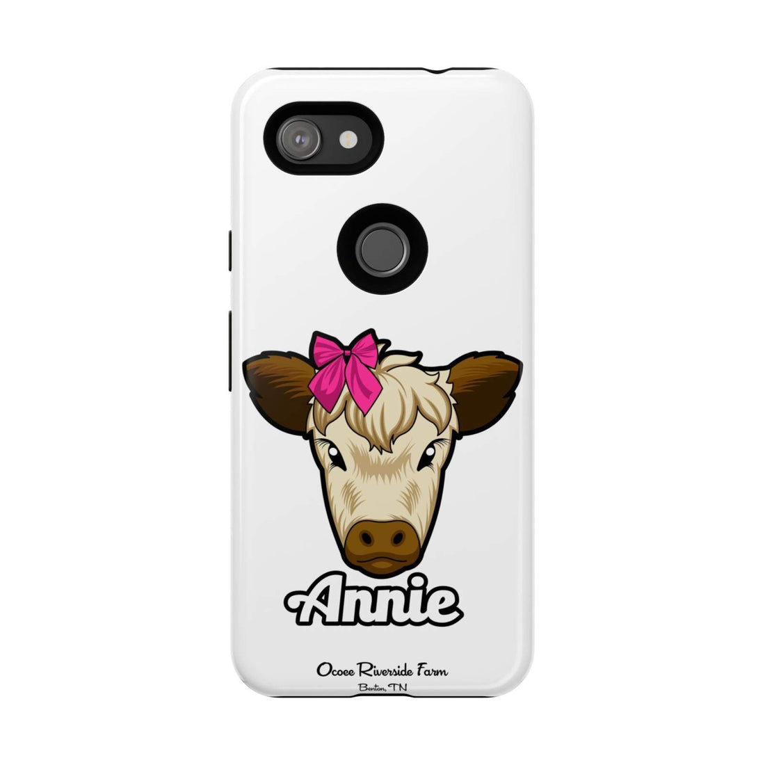 Cute cow phone case with red bow, Annie design, ideal farm animal lover gift.