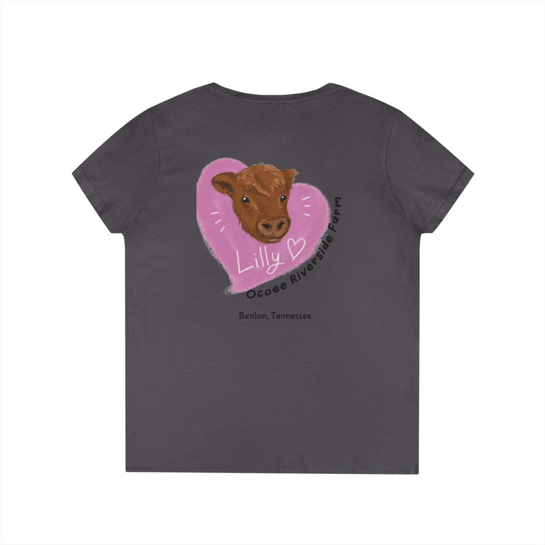 Spud Heart Women’s V-Neck Tee in charcoal with a brown calf inside a pink heart and text "Lilly" and "Ocoee Riverside Farm Benlon, Tennessee" on the back