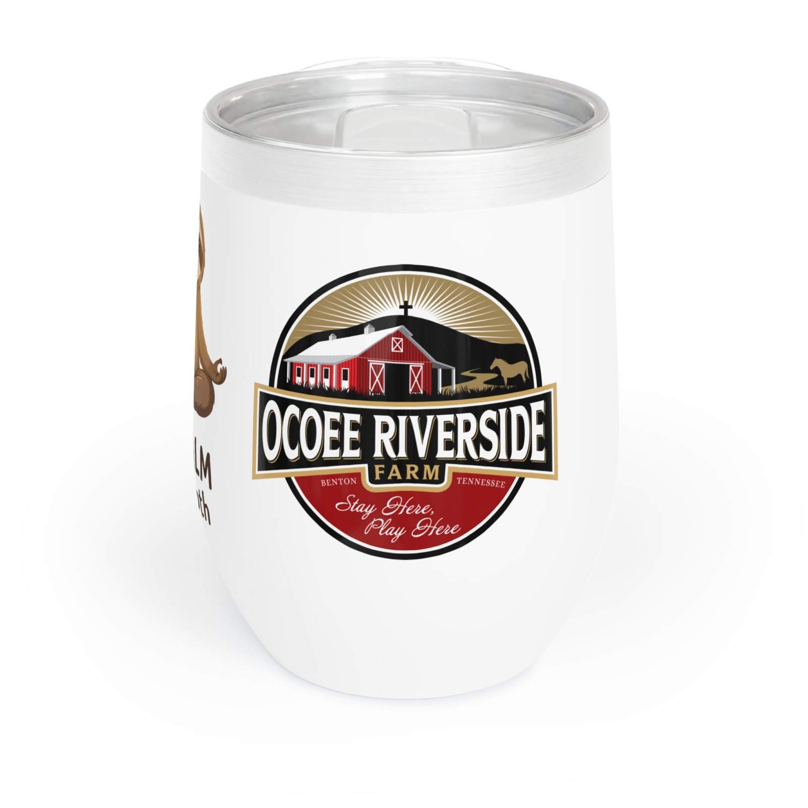 White Sloth Wine Tumbler with Ocoee Riverside Farm logo, stainless steel insulated cup with spill-proof lid