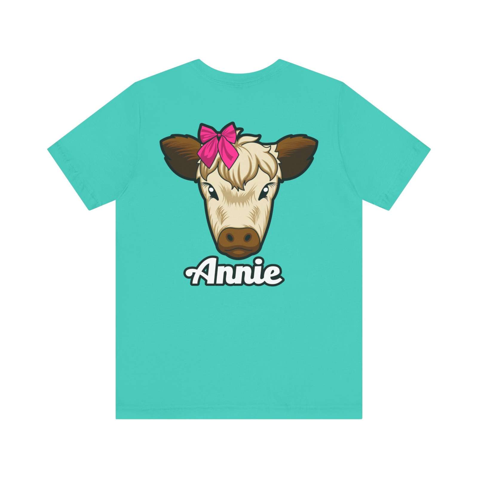 Annie the Cow with Red Bow on Farm Life T-Shirt in Teal