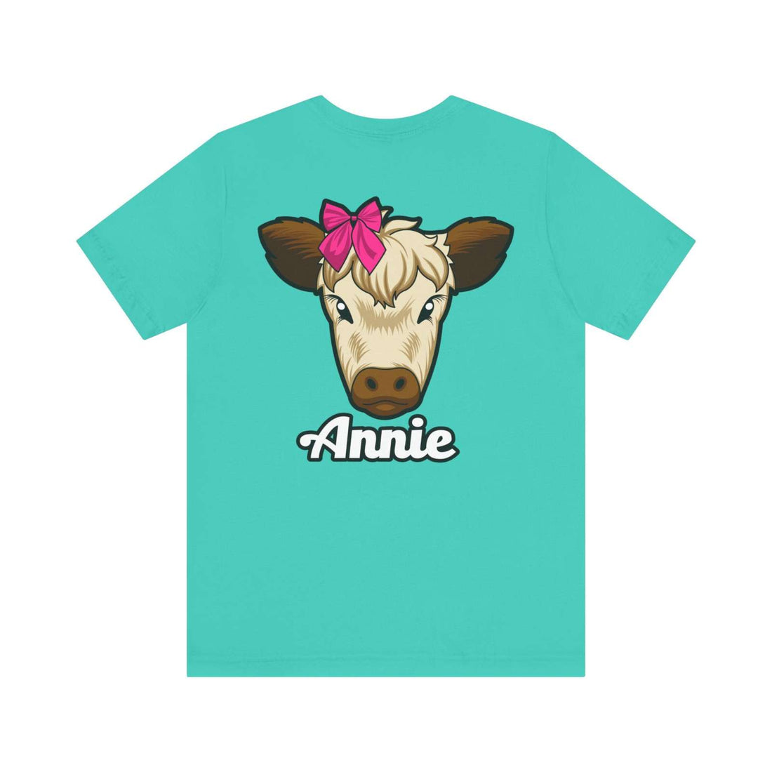 Annie the Cow with Red Bow on Farm Life T-Shirt in Teal