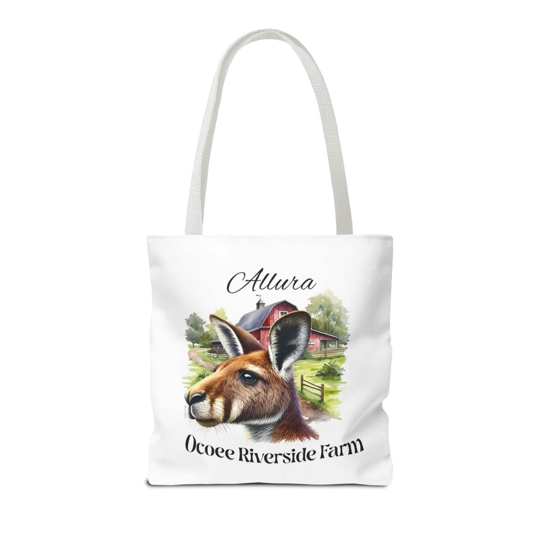 Eco-friendly Allura Kangaroo Tote Bag with Ocoee Riverside Farm design, durable white polyester shopping bag with reinforced handles.
