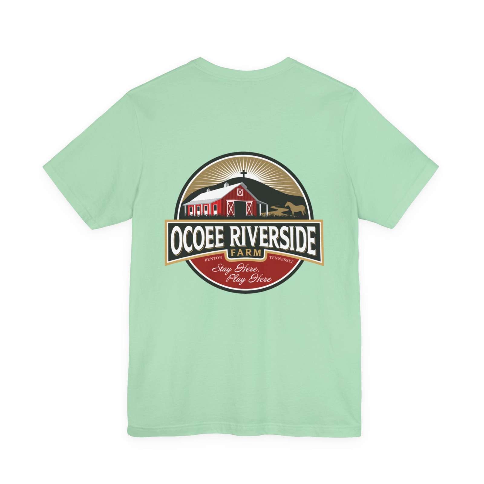 Unisex mint green sloth t-shirt with Ocoee Riverside Farm logo on back