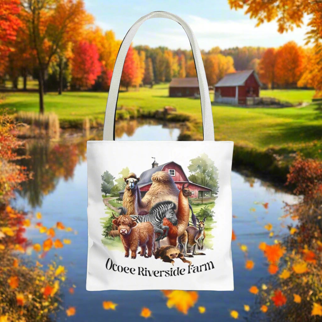Eco-friendly Animals Tote Bag from Ocoee Riverside Farm featuring farm animal artwork and durable polyester construction
