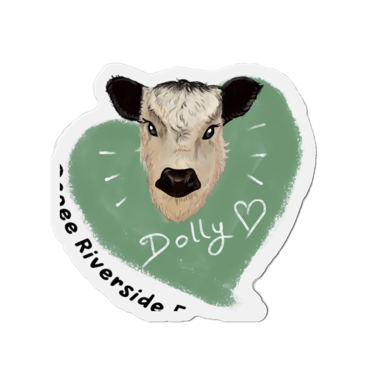 Cute cow die-cut magnet with a rustic farm animal design and green heart background.