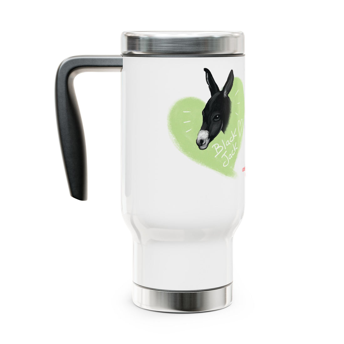 A donkey featuring the words "Black Jack" prominently displayed on its side at Ocoee Riverside Farm Stainless Steel Travel Mug with Handle - 14oz