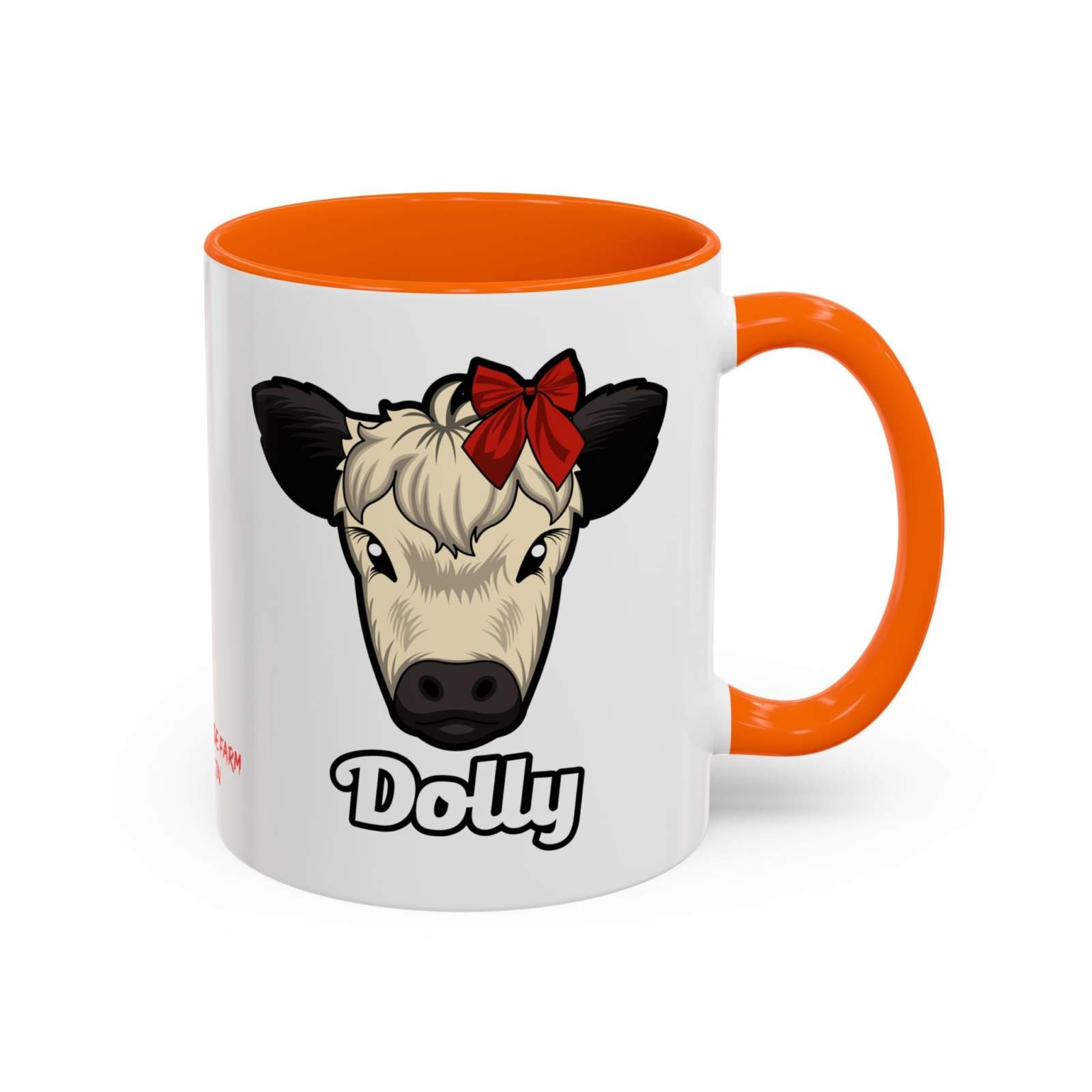 Farm Animal Coffee Mug featuring Dolly the cow with a red bow, white ceramic with orange handle and interior, microwave and dishwasher safe