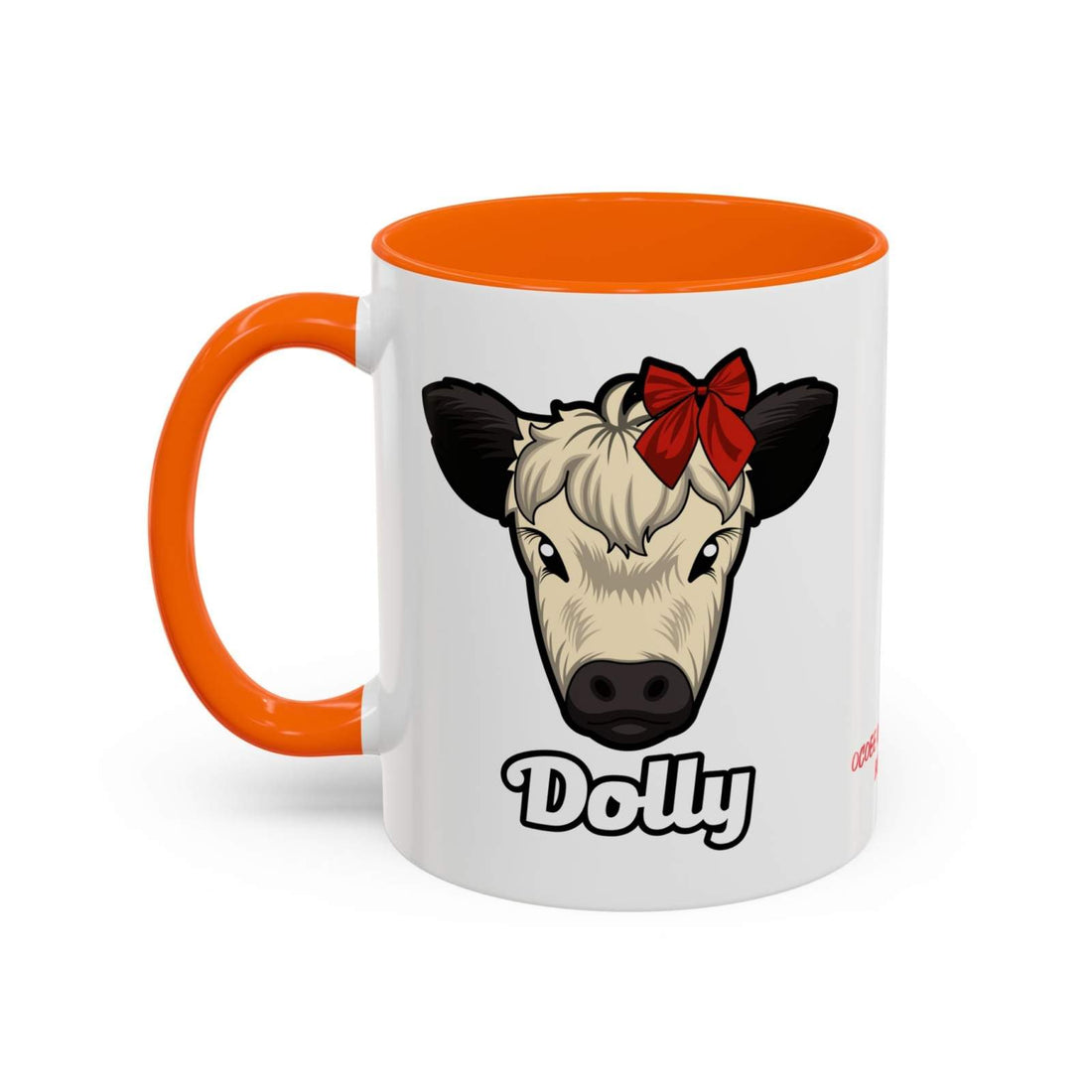 Farm Animal Coffee Mug featuring Dolly the Cute Cow with a red bow, white ceramic with orange handle and interior