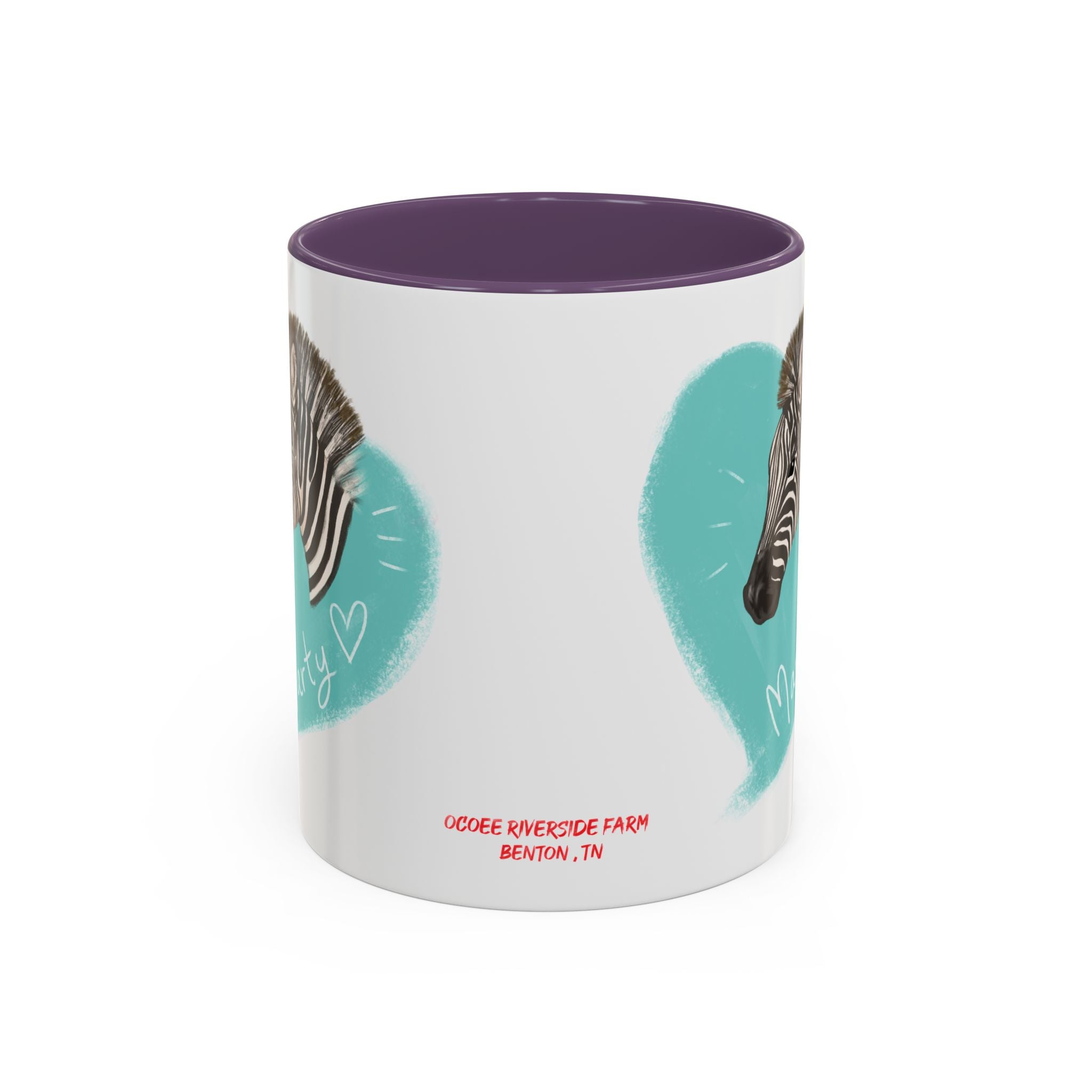 A zebra adorned with the word "Marty" creatively integrated into its stripes at Ocoee Riverside Farm Coffee Mug