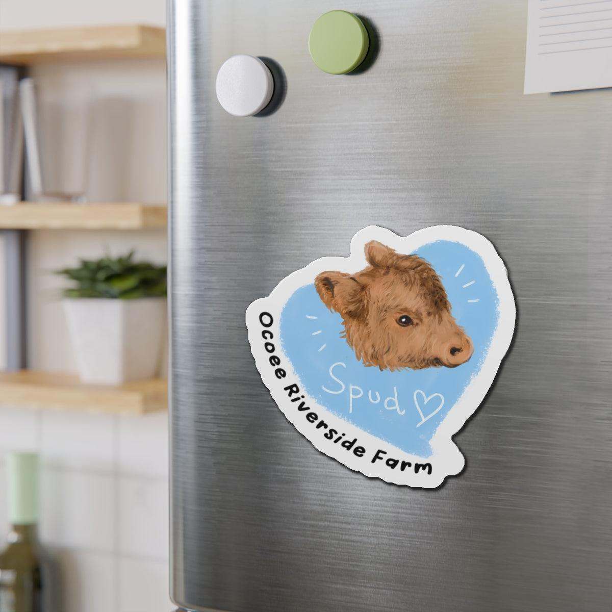 Farm Animal Decor Magnet with charming cow design and "Ocoee Riverside Farm" text on stainless steel refrigerator door