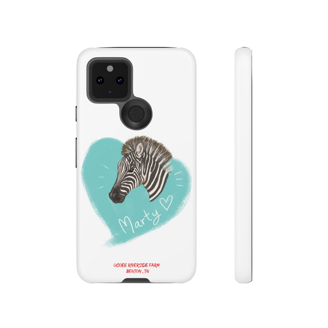 A zebra adorned with the word "Marty" creatively integrated into its stripes at Ocoee Riverside Farm Phone Case