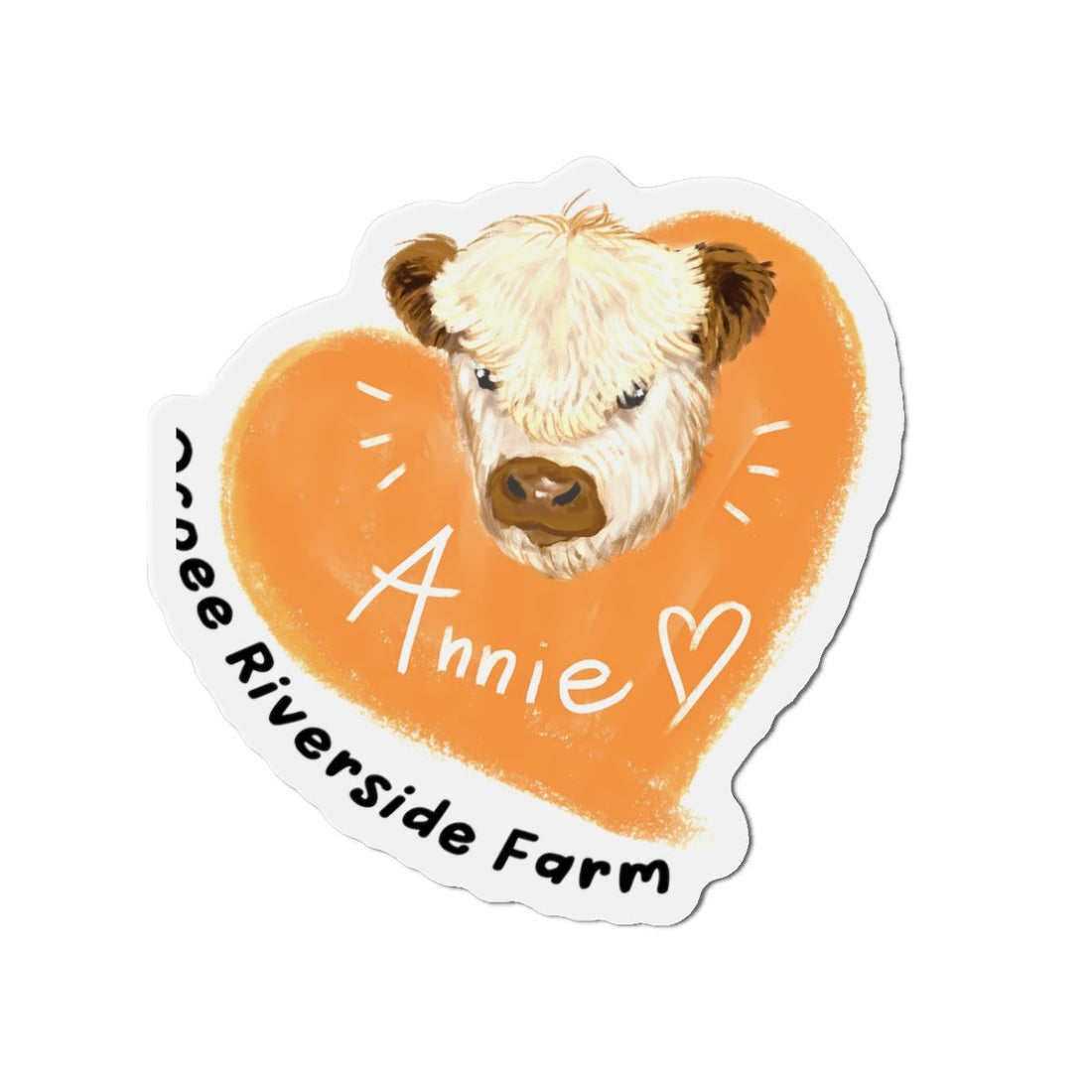 Cute cow design die-cut magnet with Annie text and orange heart background for farm decor